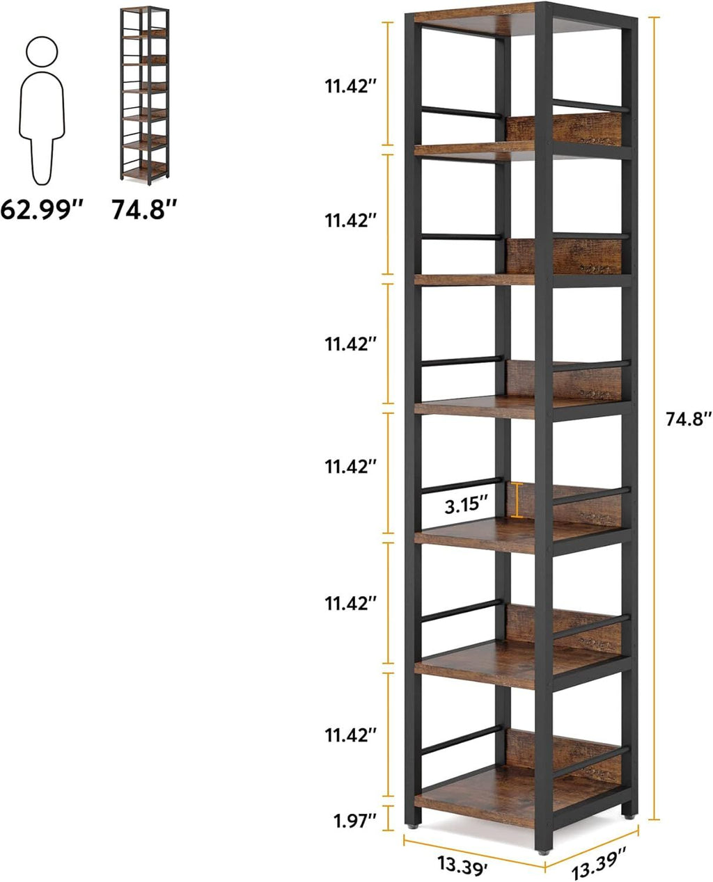 Corner Bookshelf with 6 Tiers and Protective Fences