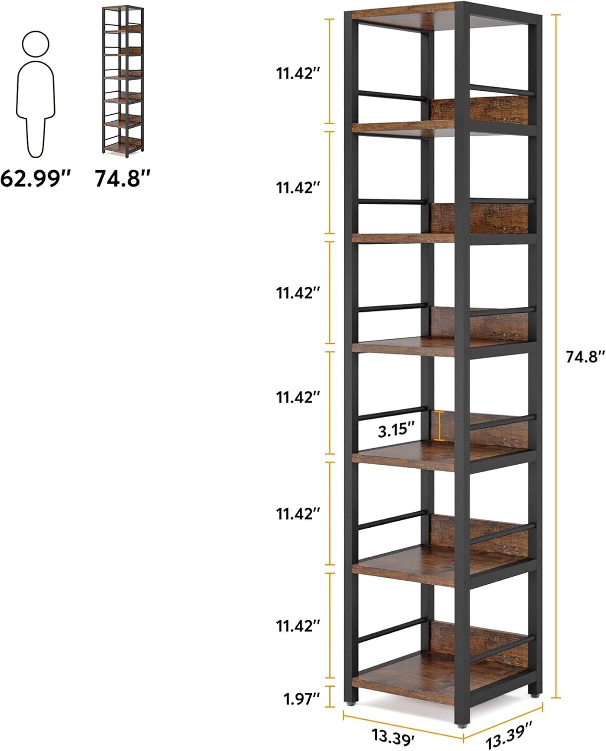 Corner Bookshelf with 6 Tiers and Protective Fences
