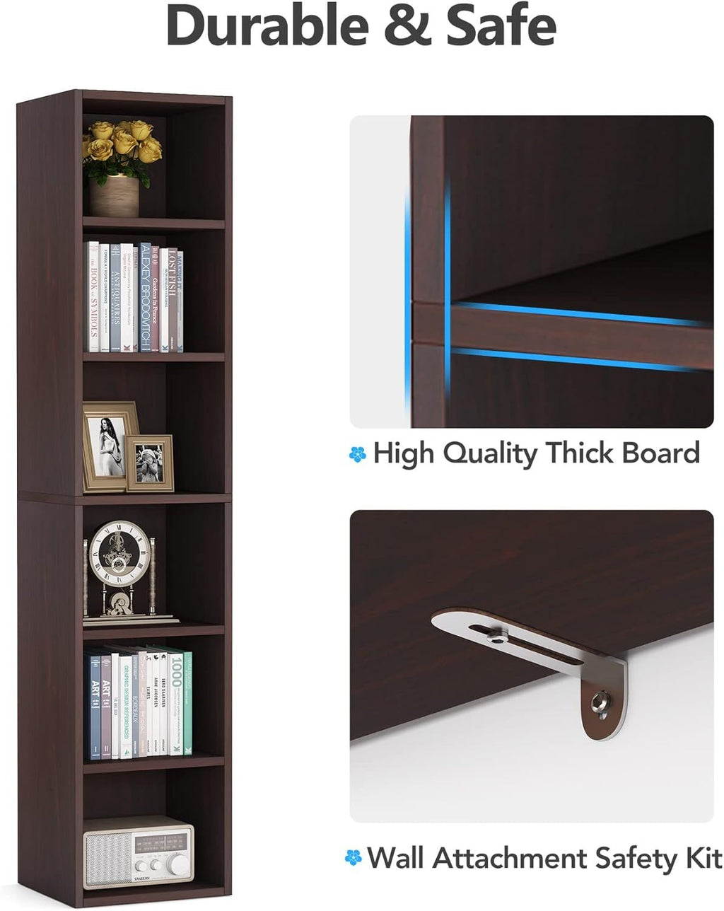 Slim Tall Bookshelf with 6 Open Shelves for Compact Spaces