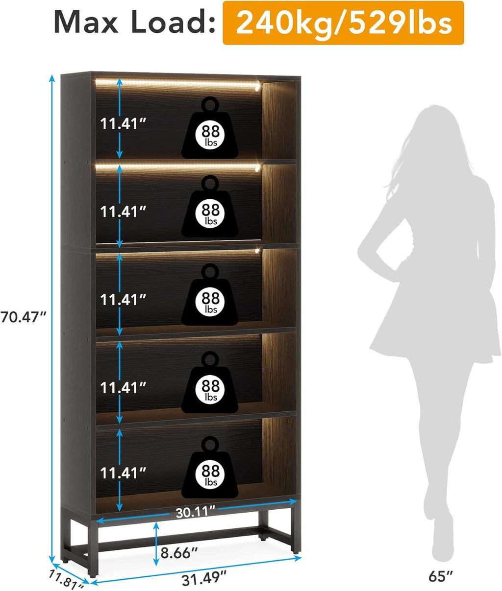 5-Tier Tall Bookshelf with LED Lighting and practical Metal Frame