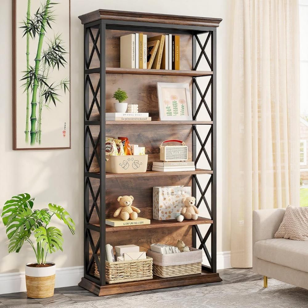 Industrial Five-Tier X-Frame Bookcase