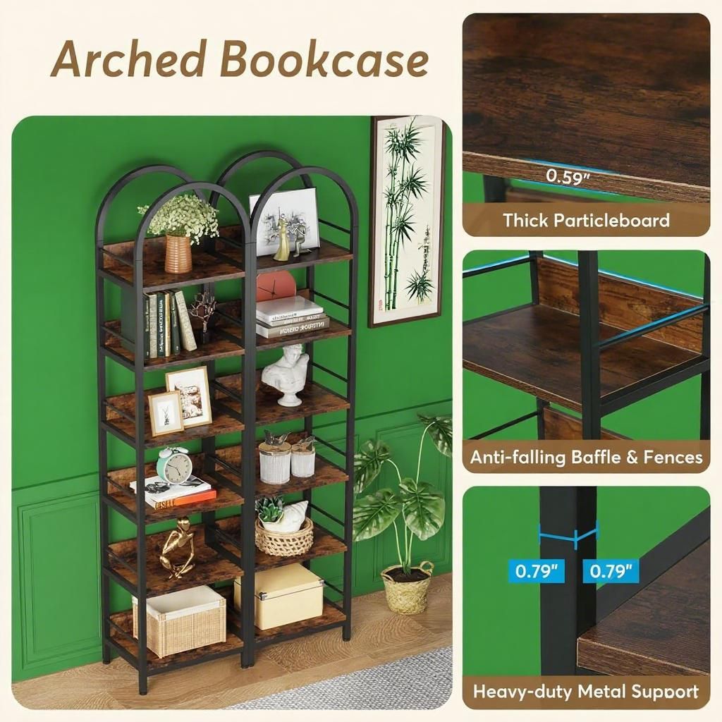 Arched Spacious Bookshelf with 6-Tier Storage