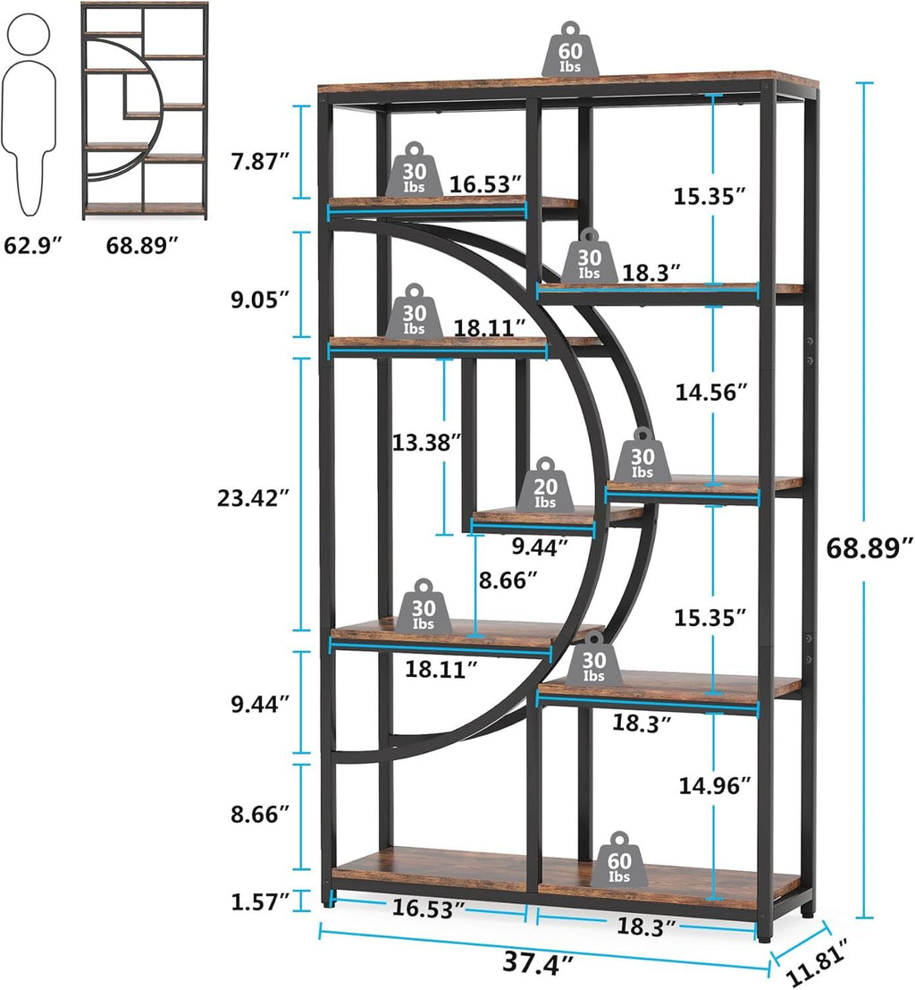 Elegant Geometric Bookshelf with Half-Moon Silhouette, Black and Rustic Brown, 9 Open Shelves
