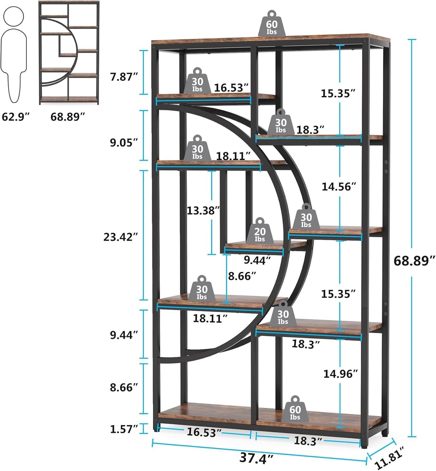 Elegant Geometric Bookshelf with Half-Moon Silhouette, Black and Rustic Brown, 9 Open Shelves