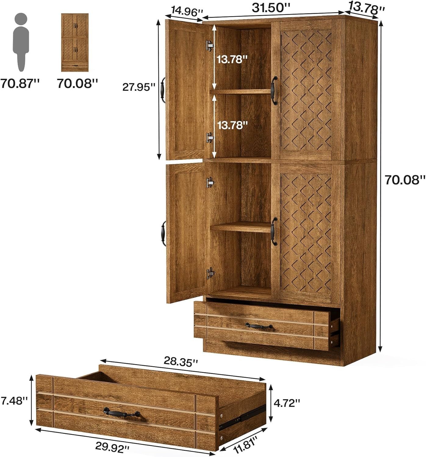 Tall Bookcase with Carved Door Cabinets and Drawer