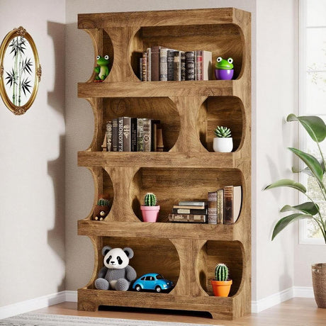 Modern Asymmetrical Arched Lattice Bookshelf with Open Shelves