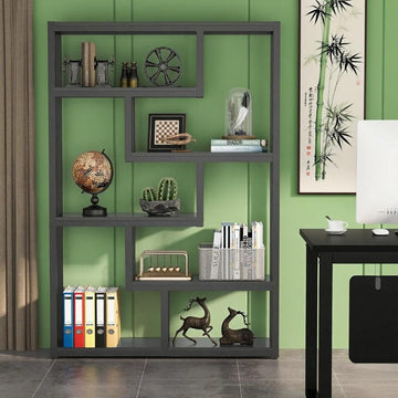 Industrial 6-Tier Bookshelf with Dark Walnut Shelves and Black Steel Frame