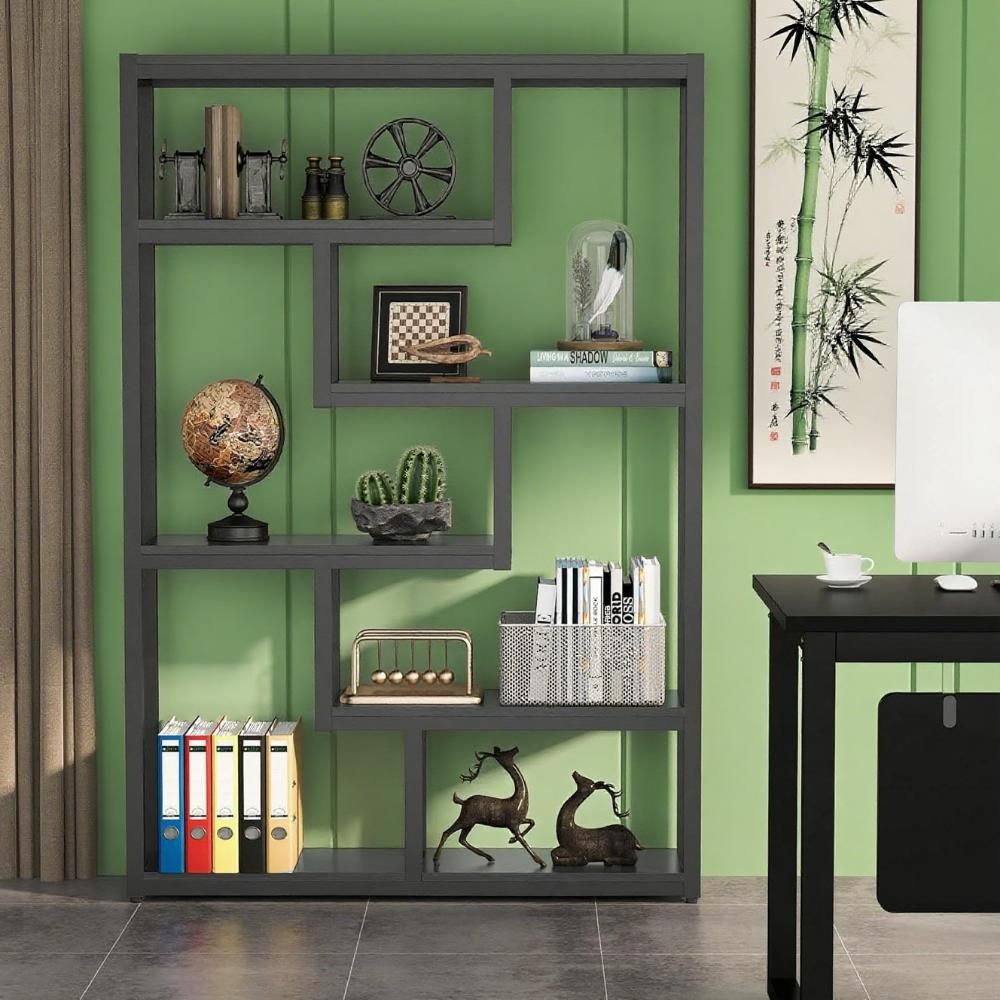 Industrial 6-Tier Bookshelf with Dark Walnut Shelves and Black Steel Frame