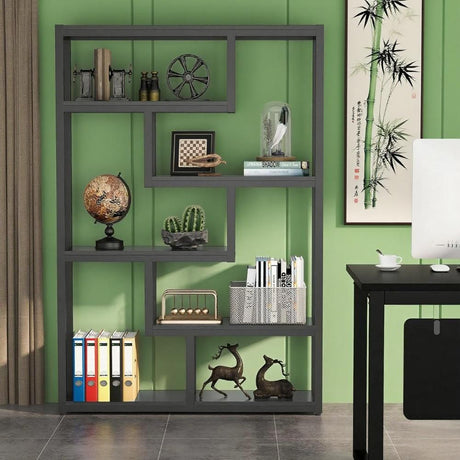 Industrial 6-Tier Bookshelf with Dark Walnut Shelves and Black Steel Frame
