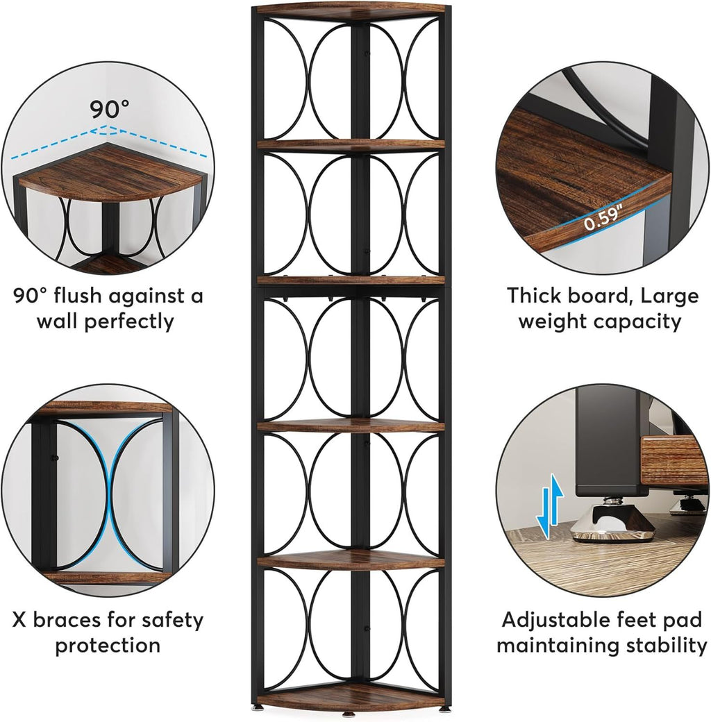 6-Tier Corner Bookshelf – Versatile Standing Shelf for Living Room, Bedroom, Bathroom, or Balcony