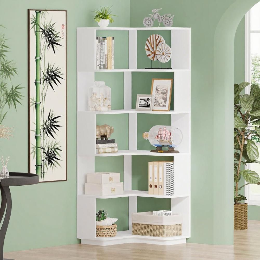 L-Shaped Corner Bookshelf with Anti-Falling Baffle - 6-Tier Modern Bookcase