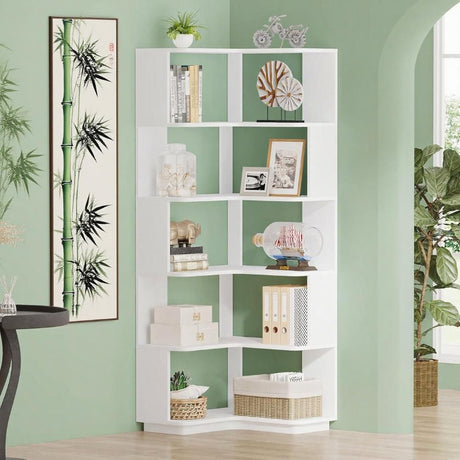L-Shaped Corner Bookshelf with Anti-Falling Baffle - 6-Tier Modern Bookcase
