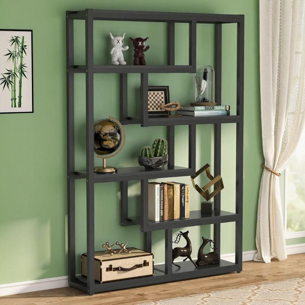 Industrial 6-Tier Bookshelf with Dark Walnut Shelves and Black Steel Frame