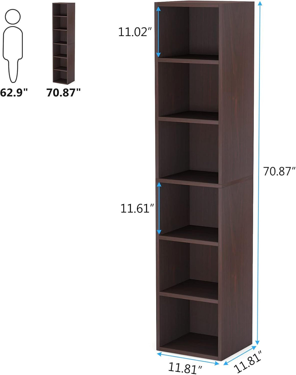 Slim Tall Bookshelf with 6 Open Shelves for Compact Spaces