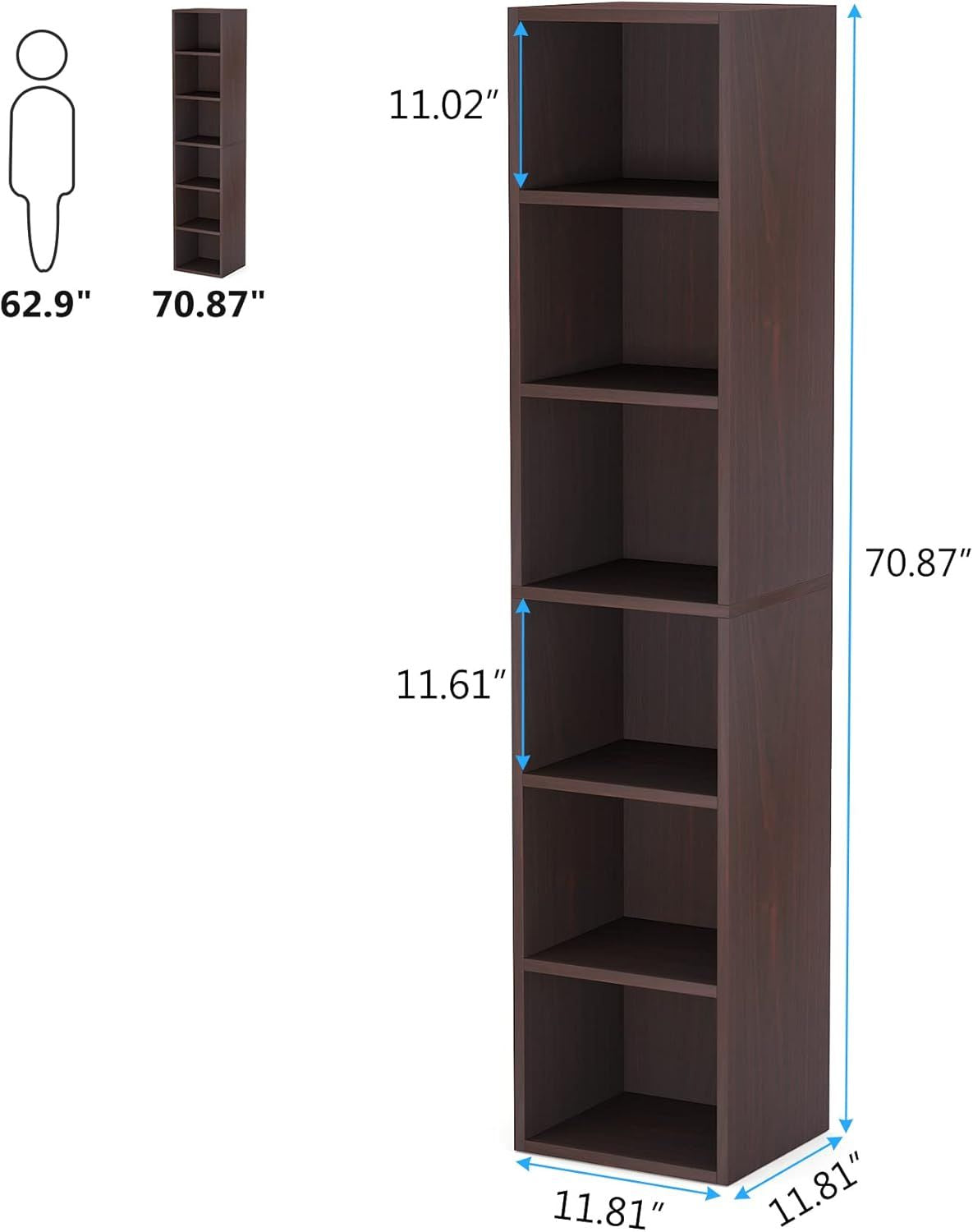 Slim Tall Bookshelf with 6 Open Shelves for Compact Spaces