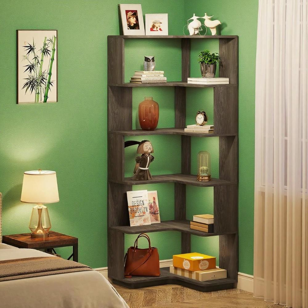 L-Shaped Corner Bookshelf with 6 Open Tiers – Industrial Style for Home Office