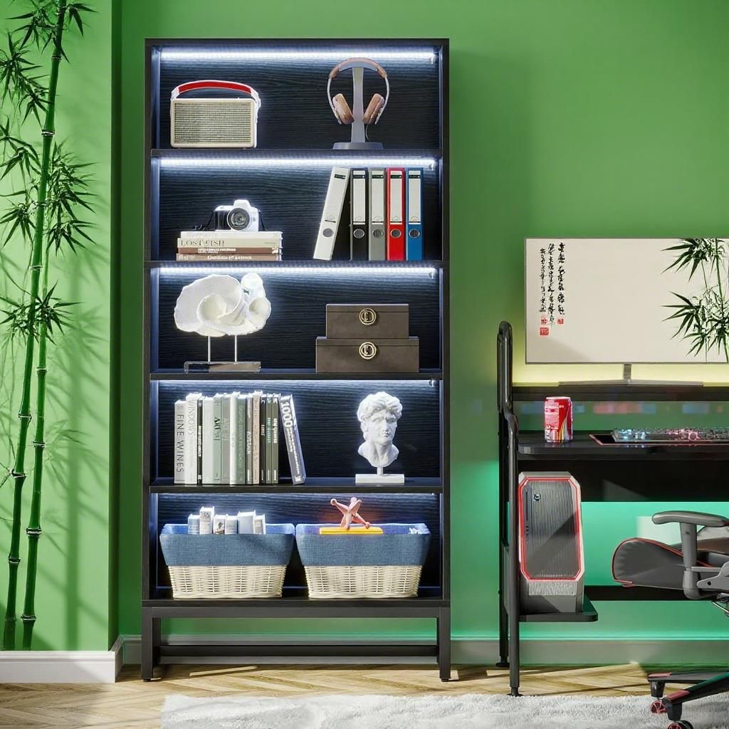 5-Tier Tall Bookshelf with LED Lighting and practical Metal Frame