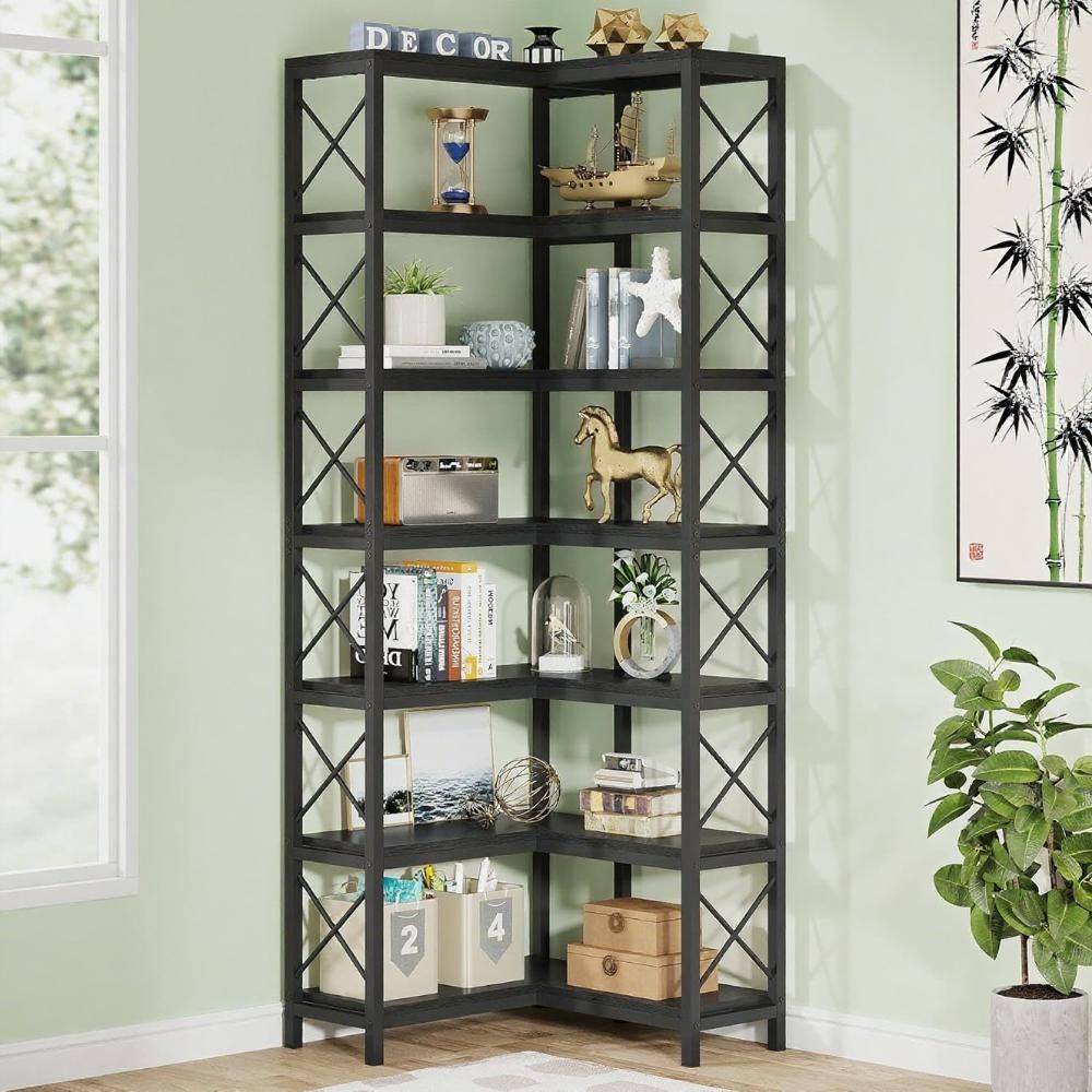 7-Tier Corner Bookshelf with Rustic Matte Black Frame