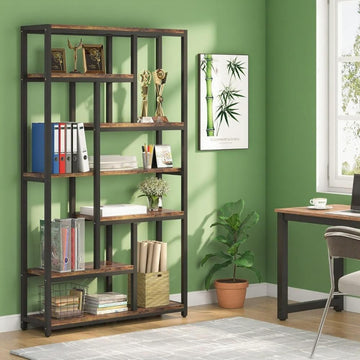 Unique Staggered Open Bookshelf with Ample Storage - Industrial Design