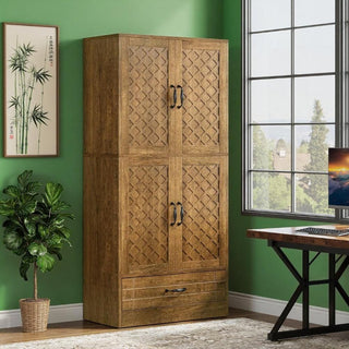 Tall Bookcase with Carved Door Cabinets and Drawer