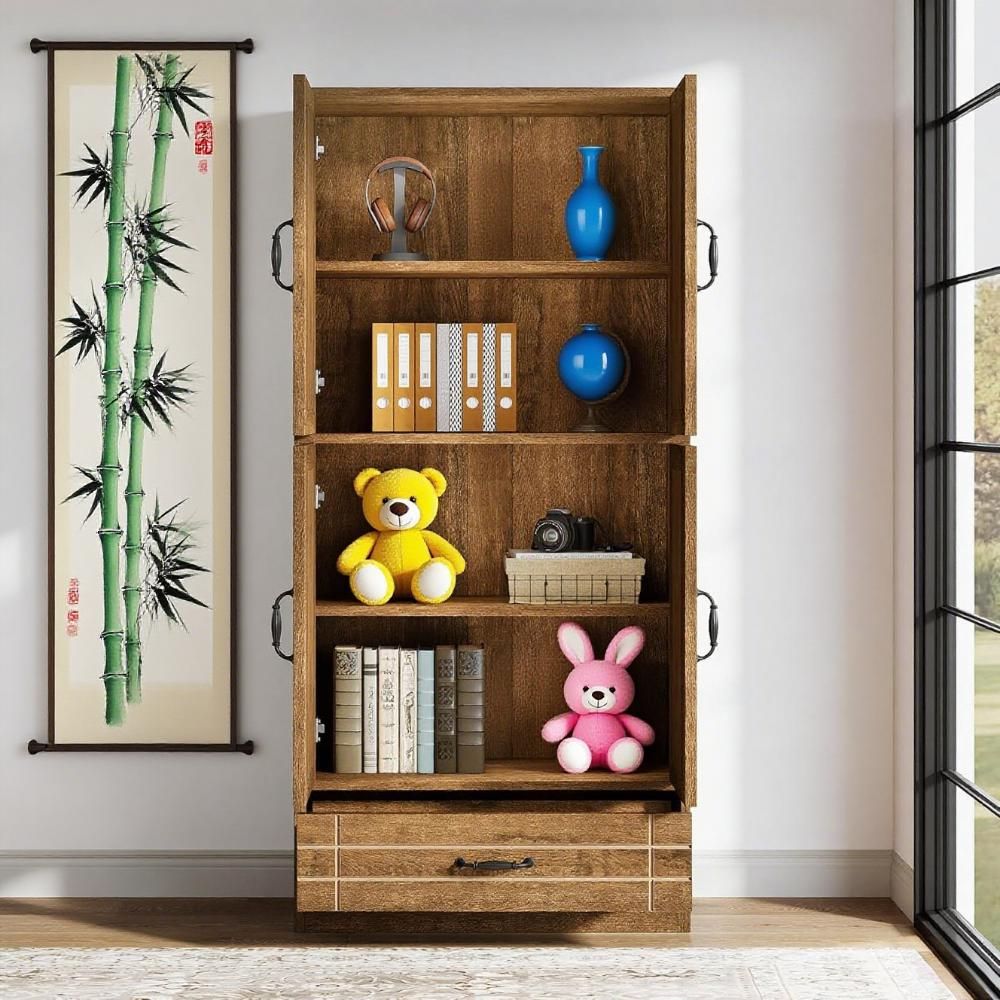 Tall Bookcase with Carved Door Cabinets and Drawer