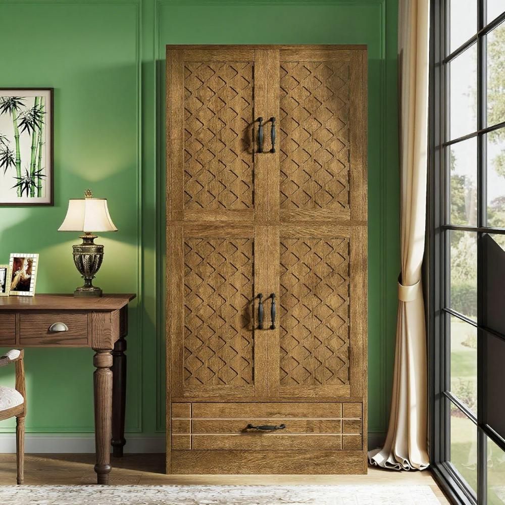 Tall Bookcase with Carved Door Cabinets and Drawer