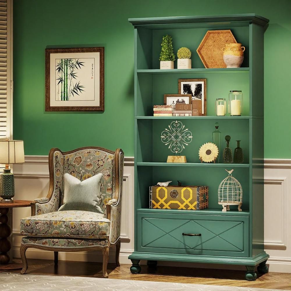 Freestanding Bookshelf with Drawer – Coastal Farmhouse Charm in Lake Blue