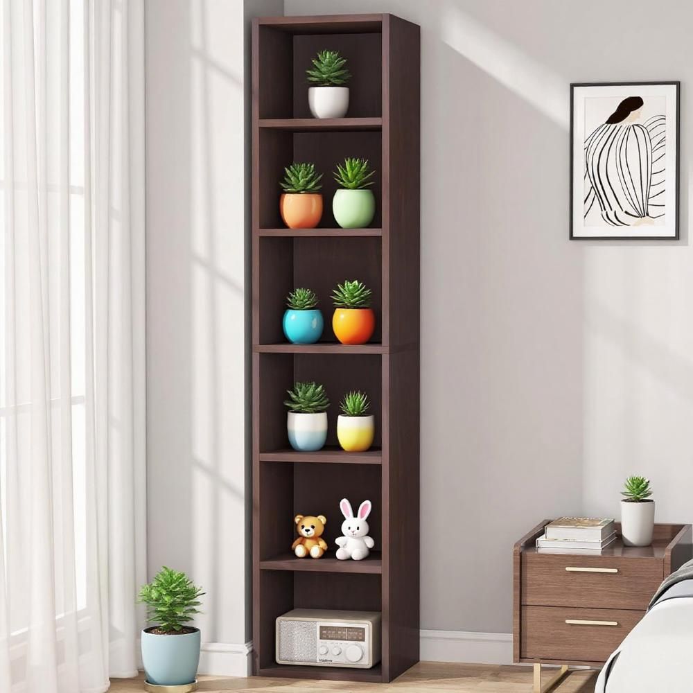 Slim Tall Bookshelf with 6 Open Shelves for Compact Spaces
