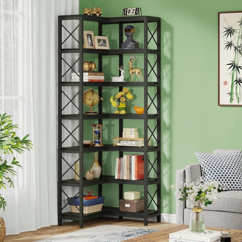 7-Tier Corner Bookshelf with Rustic Matte Black Frame
