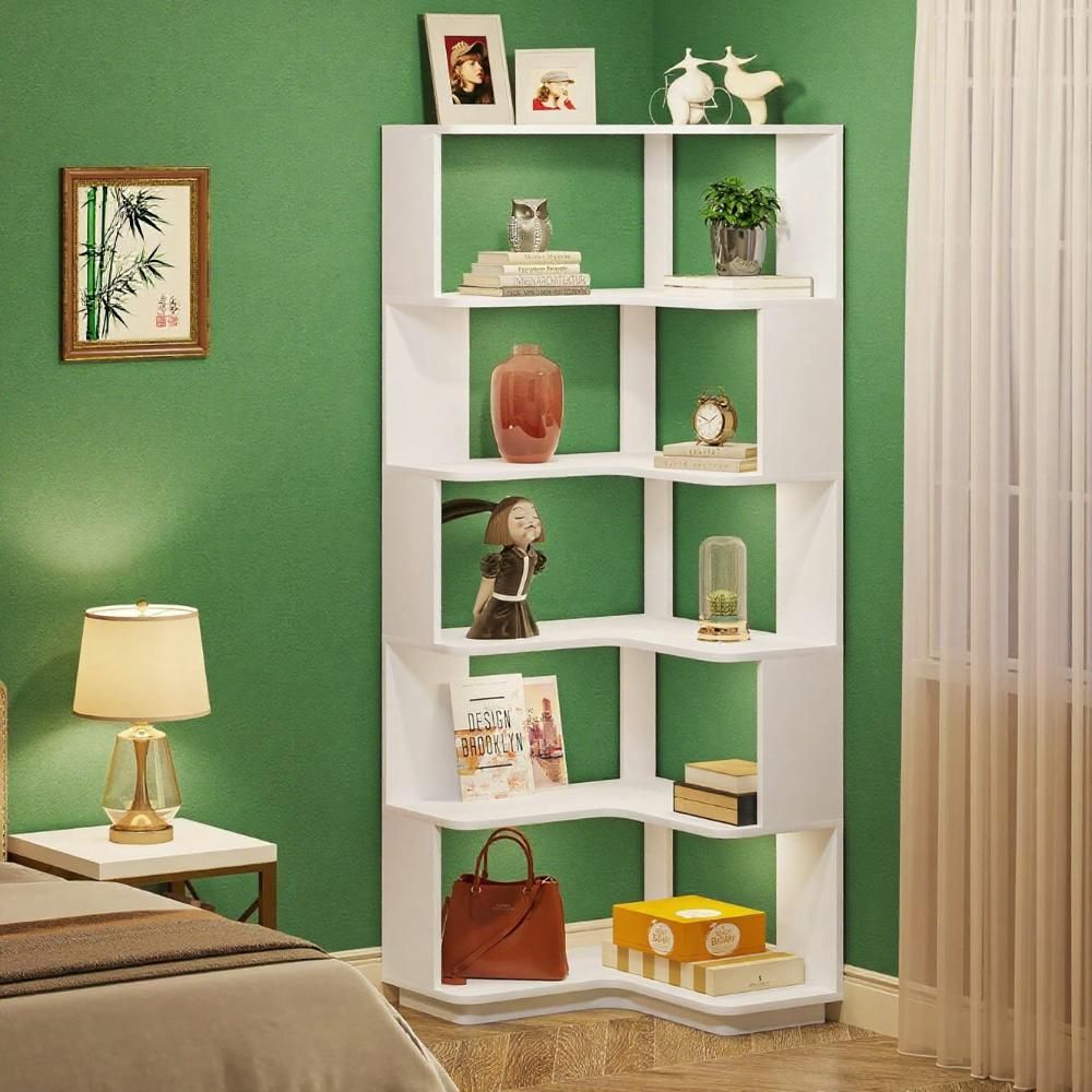 L-Shaped Corner Bookshelf with Anti-Falling Baffle - 6-Tier Modern Bookcase