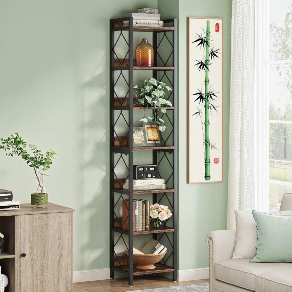 Tall Corner Bookshelf with 7 Tiers and Anti-Falling Baffle