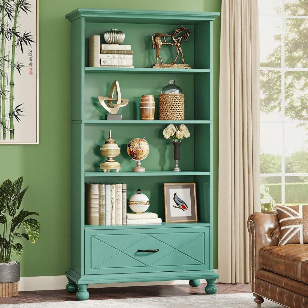 Freestanding Bookshelf with Drawer – Coastal Farmhouse Charm in Lake Blue