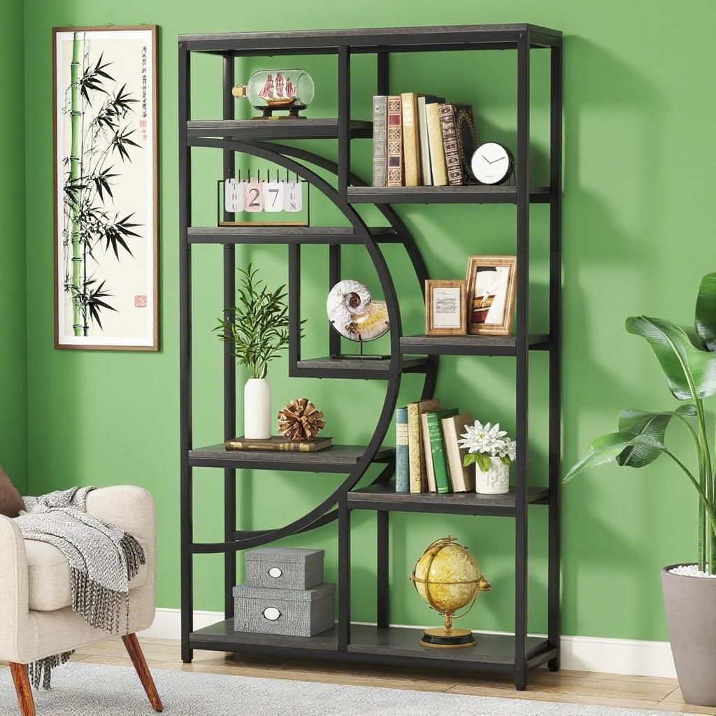 Geometric Half-Moon Bookshelf with Rustic Charm