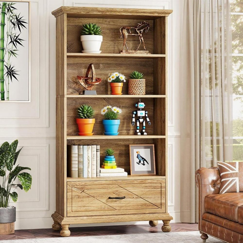 Lake Blue Coastal Farmhouse Bookcase with Drawer