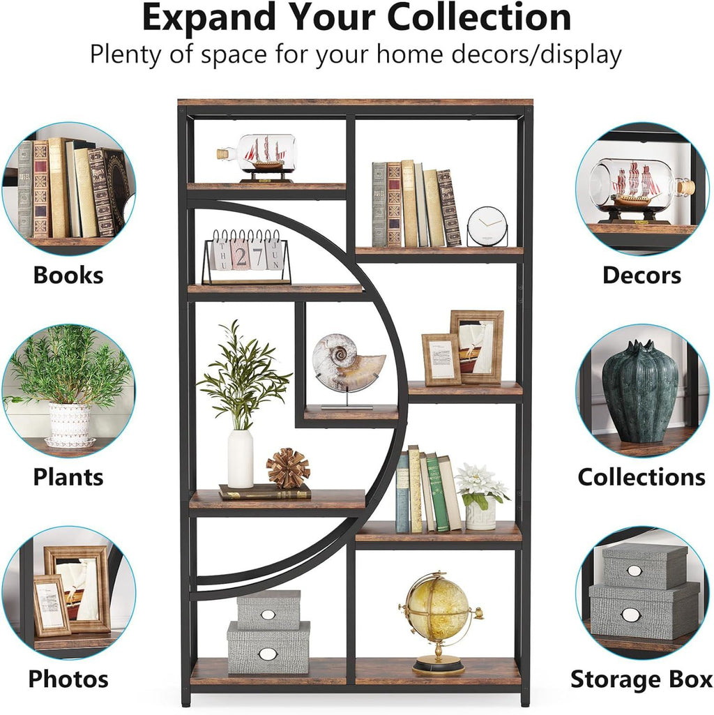 Elegant Geometric Bookshelf with Half-Moon Silhouette, Black and Rustic Brown, 9 Open Shelves