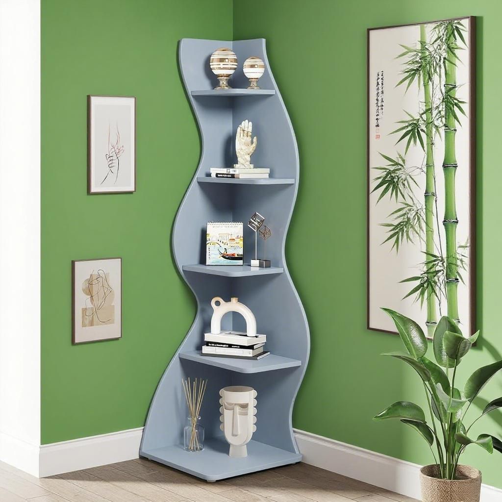 Modern 5-Tier White Shelving Unit with Sea Grass Design, Adjustable Shelves
