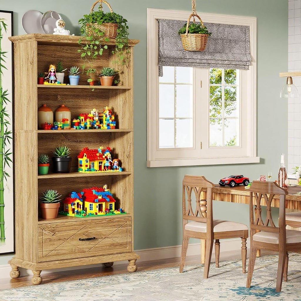 Lake Blue Coastal Farmhouse Bookcase with Drawer