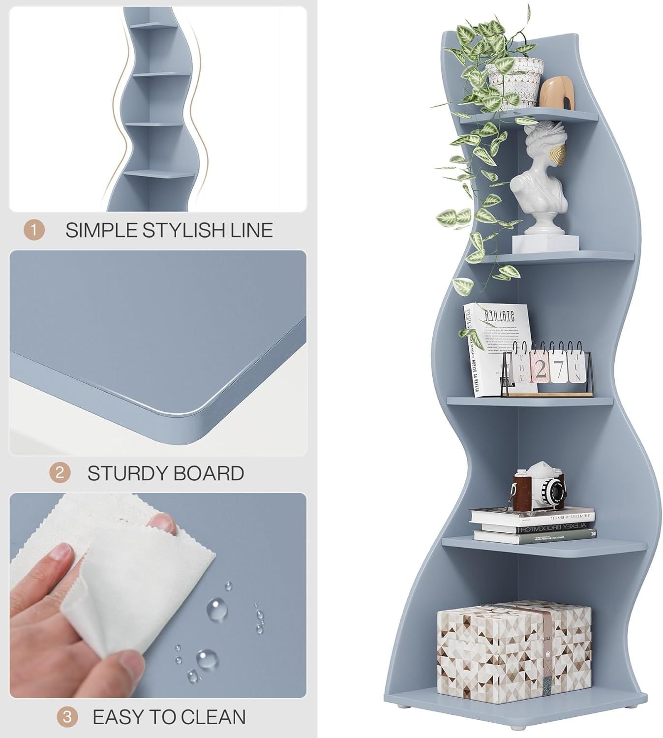 Modern 5-Tier White Shelving Unit with Sea Grass Design, Adjustable Shelves