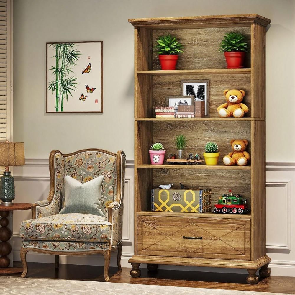 Lake Blue Coastal Farmhouse Bookcase with Drawer