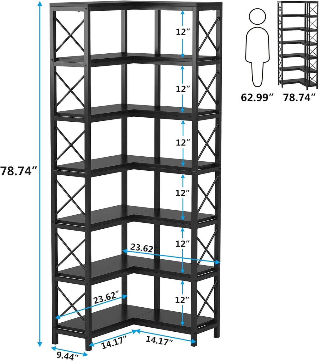 7-Tier Corner Bookshelf with Rustic Matte Black Frame