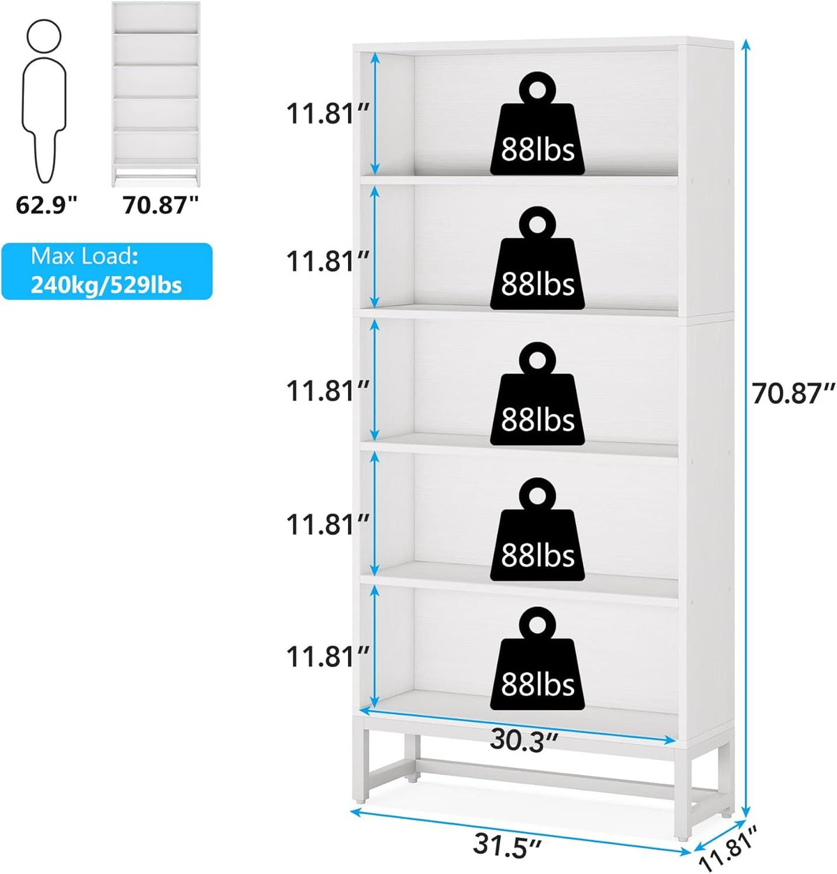practical 5-Tier Bookshelf with Anti-Dumping Kit
