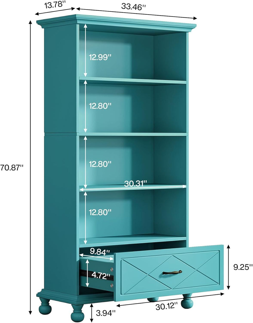 Freestanding Bookshelf with Drawer – Coastal Farmhouse Charm in Lake Blue