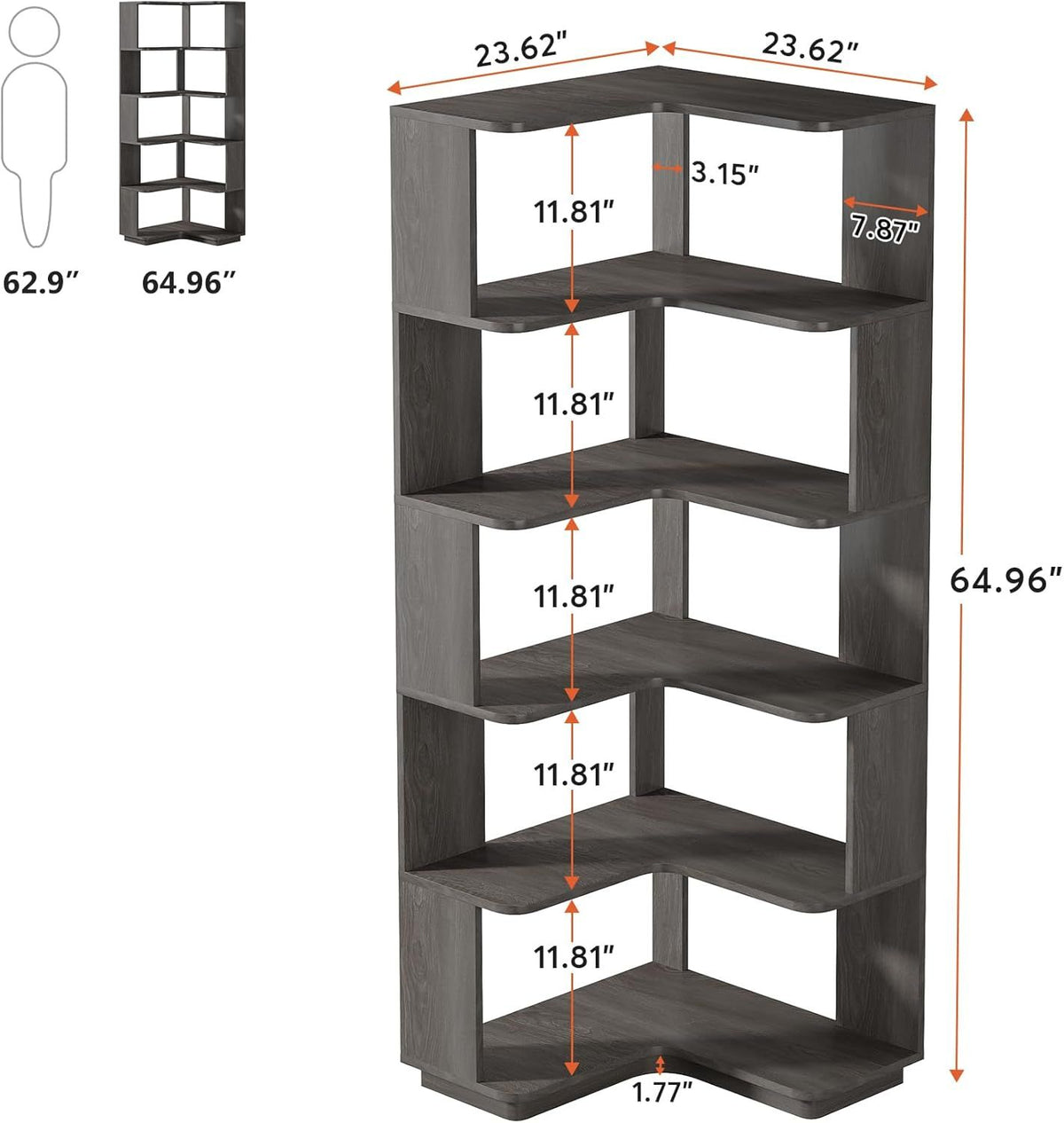 L-Shaped Corner Bookshelf with 6 Open Tiers – Industrial Style for Home Office