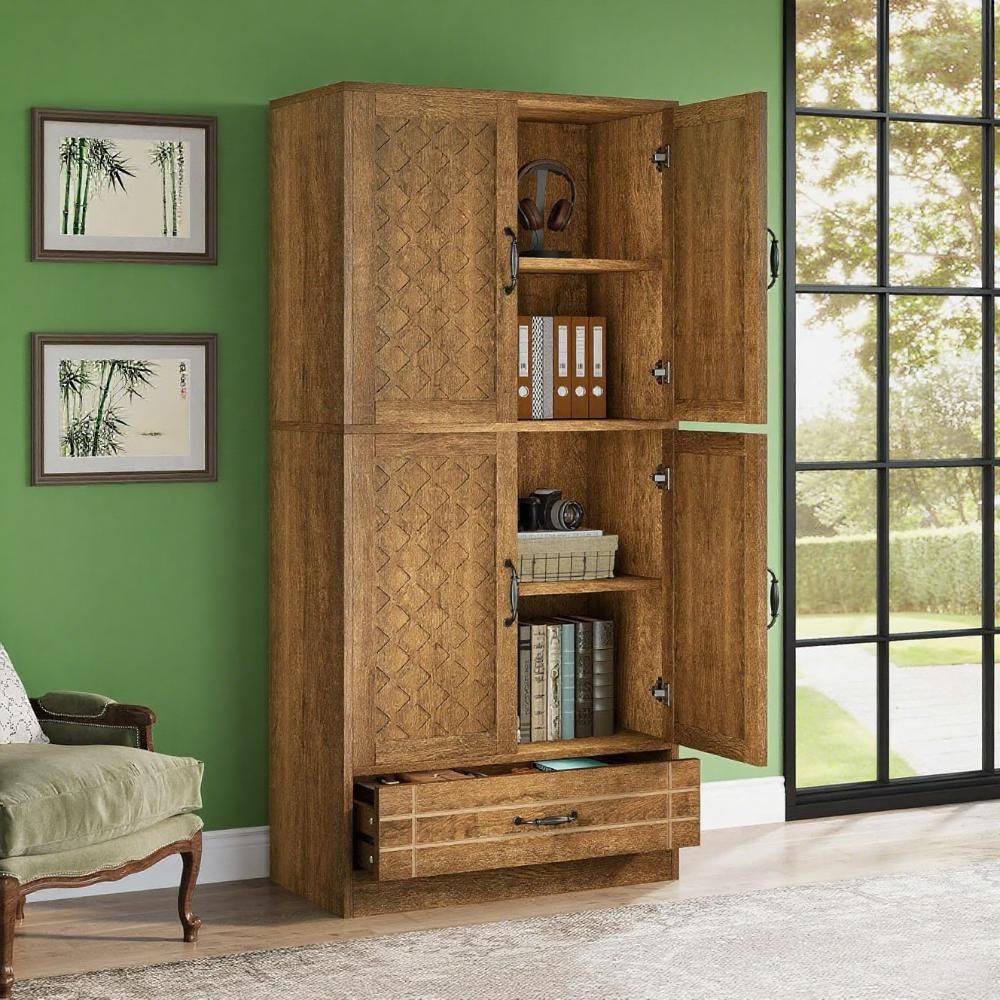 Tall Bookcase with Carved Door Cabinets and Drawer