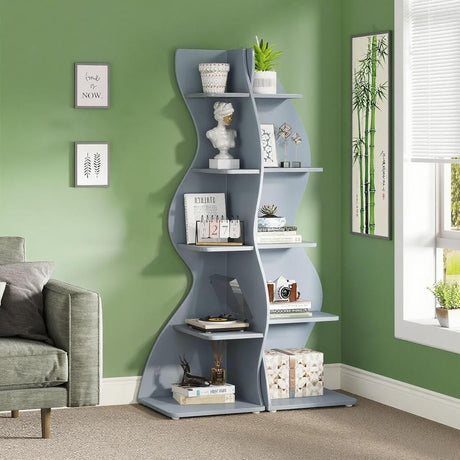Modern 5-Tier White Shelving Unit with Sea Grass Design, Adjustable Shelves