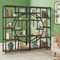 Elegant Geometric Bookshelf with Half-Moon Silhouette, Black and Rustic Brown, 9 Open Shelves