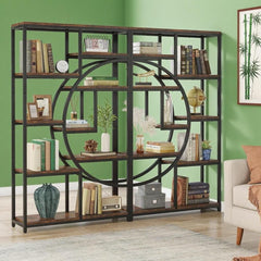 Elegant Geometric Bookshelf with Half-Moon Silhouette, Black and Rustic Brown, 9 Open Shelves