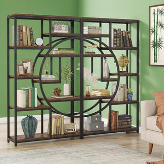 Elegant Geometric Bookshelf with Half-Moon Silhouette, Black and Rustic Brown, 9 Open Shelves