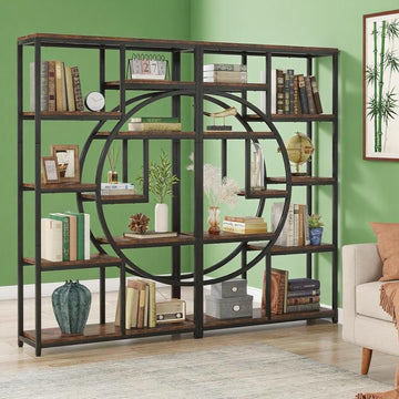 Elegant Geometric Bookshelf with Half-Moon Silhouette, Black and Rustic Brown, 9 Open Shelves