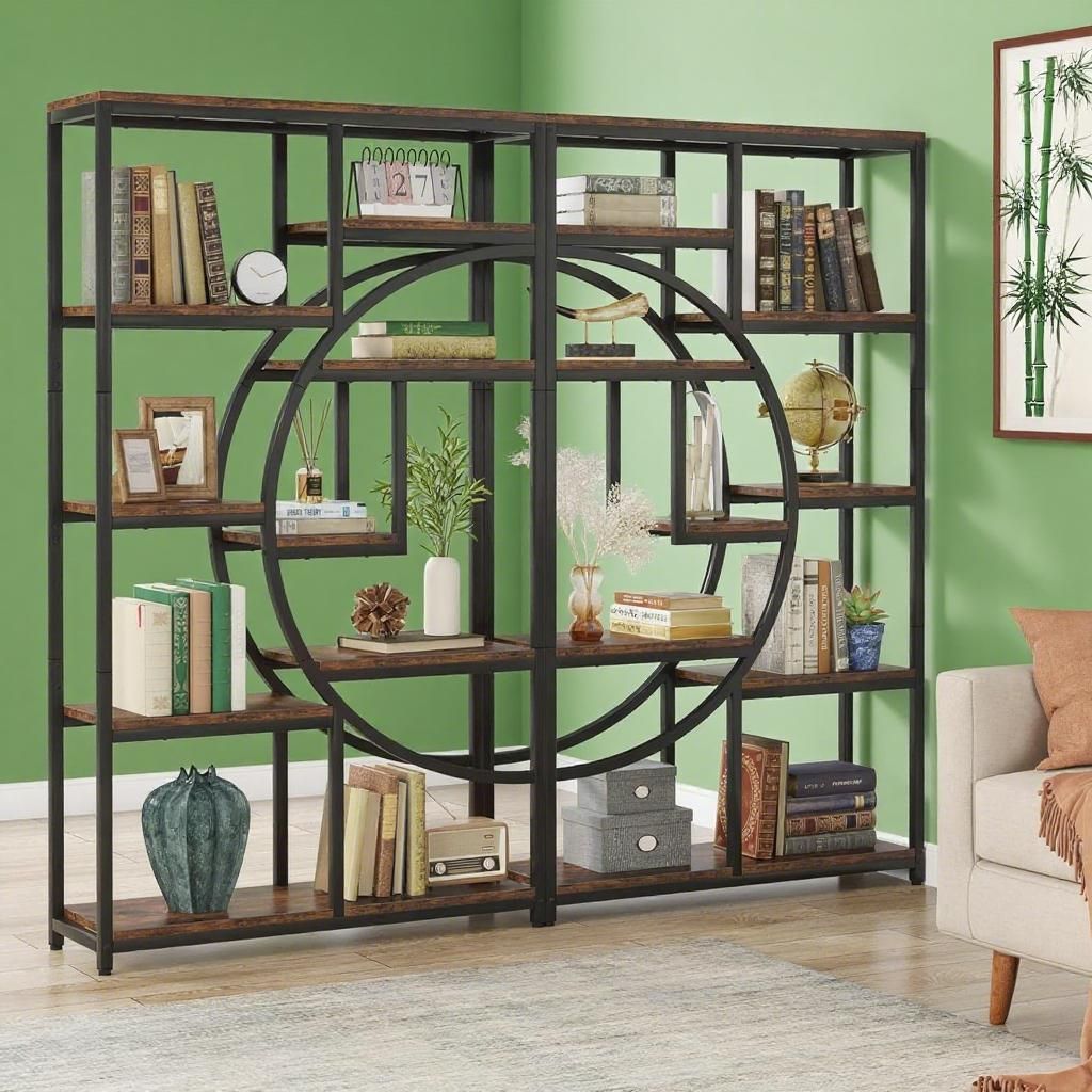 Elegant Geometric Bookshelf with Half-Moon Silhouette, Black and Rustic Brown, 9 Open Shelves